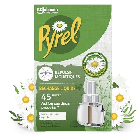 Pyrel Recharge Diffuseur Électrique Sans Parfum 45 Nuits 1 Recharge | Recharge diffuseur électrique anti-moustiques, sans parfum ajouté, 45 nuits d'efficacité, 1 recharge liquide de 32 ml
