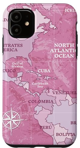 Coque pour iPhone 11 Carte de voyage Amérique centrale Caraïbes Mer rose graphique