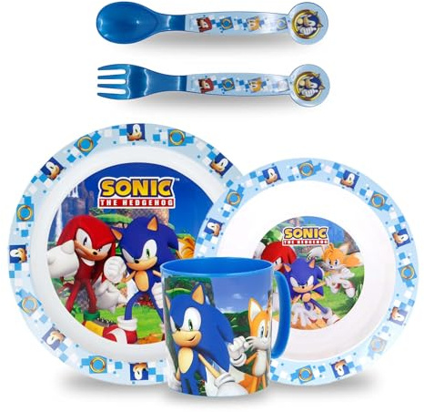 Sorrisini Kindergeschirr Set Sonic, Wiederverwendbares geschirr Set, Kinder Essgeschirr Plastik Microwaveable Kinder Geschirr Teller, Müslischale, Trinkbecher 350ml kinderbesteck, Frühstücksset