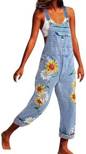 BJMAND Salopette casual da donna in denim con bretelle, stampa floreale vintage, vestibilità ampia, gamba dritta, tutina con tasche, taglie S-5XL pantaloni taglie forti, Azzurro, S