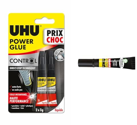 UHU Power glue liquide control - colle extra forte, instantanée, technologie anti-goutte & Colle tout super - Colle instantanée gel super puissante, super rapide et super résistante
