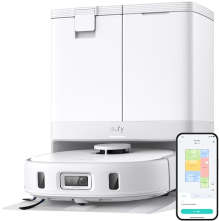 eufy X10 Pro Omni Robot Aspirador con Base Autovaciado y Mopas Giratorias, Mopa Doble con Elevación Automática de 12 mm, Detección de Alfombras, Antiobstáculos AI, Lavado y Secado automático, Blanco