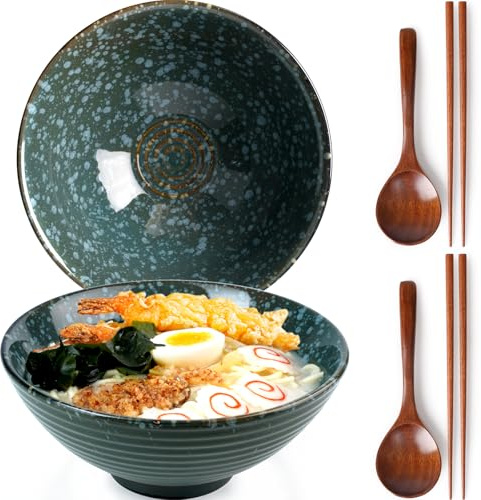 NUTRIUPS Ensemble de 2 bols à nouilles ramen en céramique de 1200ml avec baguettes et cuillères (Émeraude)