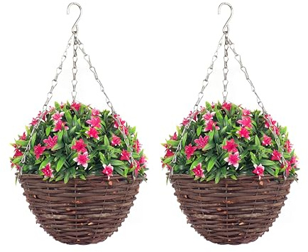 Pair of Best Artificial Lily Hanging Basket Topiary Ball - Suitable for Outdoor Use - Weather & Fade Resistant (Pink)