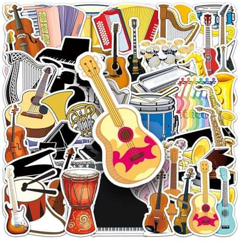 50 Stück Musik Musikinstrumente Aufkleber für Kinder Jugendliche Erwachsene,Musical Instrument wasserdichte Sticker für Wasserflasche Laptop Tagebuch Skateboard Helm Fahrrad Gepäck Motorrad Gitarre