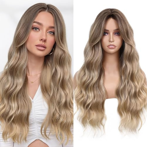 WIGNEE Lång lockig vågig ombre blond peruk för kvinnor, 66 cm, mittdel, syntetisk peruk med lugg, naturligt utseende, värmebeständig, syntetisk fiber