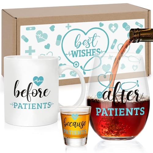 Rhdekoein Before Patients After Patients Set 11 oz Coffee Mug 18 oz Stemless Wine Glass 2 oz Shot Glass for Nurse Doctor Hygienist Dentist Physician Nursing Graduation Birthday Gift Nurse Week Gifts