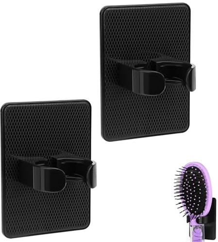 Biiange Soporte para cepillo de pelo, organizador de peine colgante, soporte autoadhesivo adecuado para la mayoría de peines, para el hogar o salón de belleza (2 unidades, negro)