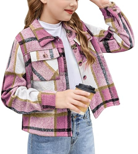 Arshiner Ragazze Camicie a Quadri Autunno-Inverno Camicie a Maniche Lunghe comode e alla Moda Giacca Corta con Risvolto abbottonata Bluse per Bambine 8-9 Anni