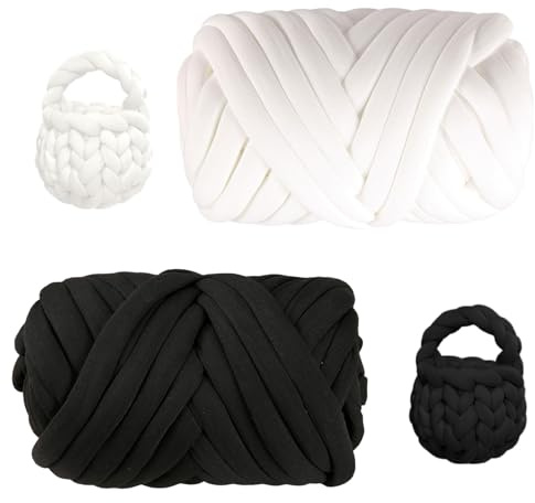 2 Stück Armstricken Wolle, 25mm Chunky Wolle zum Handstricken, 250g/12,5m pro Rolle, Sperrige Textilgarn, Grobe Isländische Wolle, Für Taschen, Haustiernester, DIY Kunsthandwerk(Schwarz,Weiß)