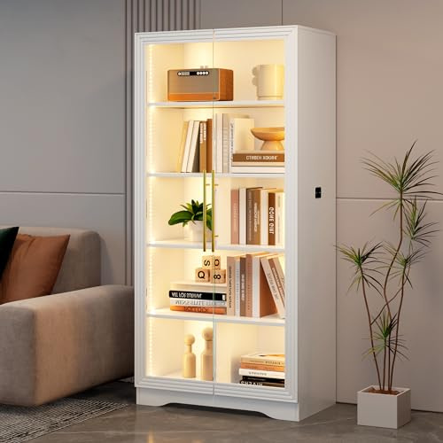 LVSOMT glasvitrinskåp med LED-belysning, 165 cm vitrinskåp med glasdörrar, vitrinskåp med 4 displayhyllor, 3 färgljus, vitrinskåp, glas, trä, vardagsrum, hall, vit