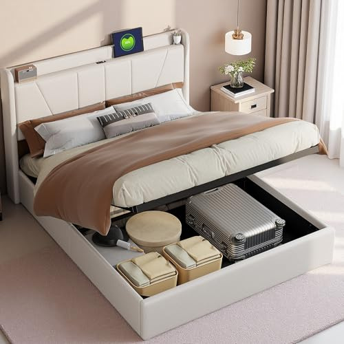 Polsterbett 160x200 cm, Hydraulisches Bett mit Bettkasten, Stauraumbett mit USB & Typ-C, Doppelbett mit Stauraum, Funktionsbett mit kopfteil, Jugendbett mit Lattenrost, Leinen, Beige (Beige, 160x200)