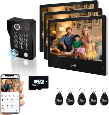 ANJIELO SMART 10 Inch Touch Screen Video Doorbell Intercom System,1080P HD Camera with Motion Detection Doorphone Kit,5 Ways Unlock for Apartment,Home,Villa (Wired) (1 doorbell + 3 monitor)