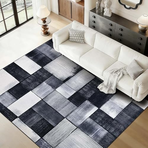 Alishomtll Area Rug Living Room 160x230 cm, Black Grey Modern Geometric Rug | Non-Slip Washable Area Rugs for Bedroom, Soft Faux Wool Large Rug, Geometric Grid Easy Clean Carpets for Room Hotel Home
