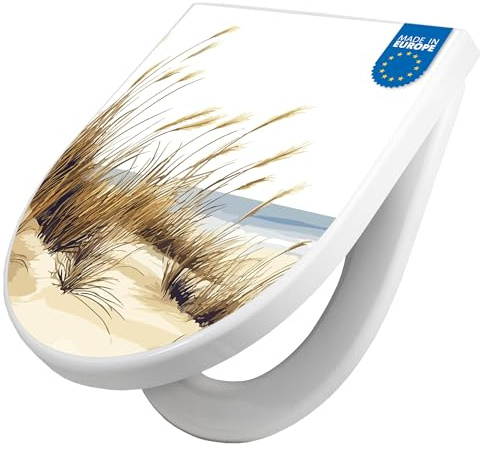 banjado WC Sitz mit Absenkautomatik D Form - Toilettendeckel mit Absenkautomatik D Form - Klodeckel Softclose - stabile Klobrille - Toilettensitz Weiß - Motiv Dünenlandschaft am Meer