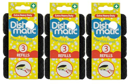 Extra Heavy Duty Refills (3 Refills x 3 Packs) – Antibacterial Abrasive Dish Sponge Replacement Heads for Washing Up Handle – Heavy Duty Kitchen Cleaning Refills