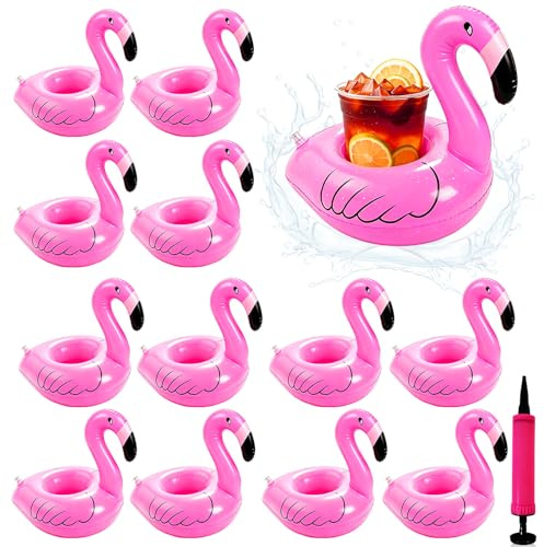 yolzhxe 12 styck Uppblåsbar Flamingokopphållare, Uppblåsbar Kopphållare för Pool med Luftpump, Söt Uppblåsbara Glashållare för olika Drycker eller Snacks