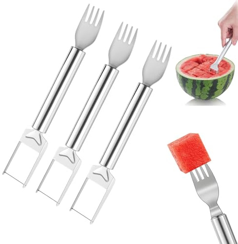 2-in-1 Watermelon Slicer and Fork, Stainless Steel Fruit Cutter Tool with Round Handle for Perfect Fruit Cubes, Dishwasher Hygienic Kitchen Gadget for Home and Outdoor Use