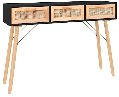 QJBSAVVA Mesa consola negra 105 x 30 x 75 cm – Mesa de pasillo escandinava con 3 cajones de ratán natural y patas de madera maciza – Moderna mesa de almacenamiento para salón y pasillo