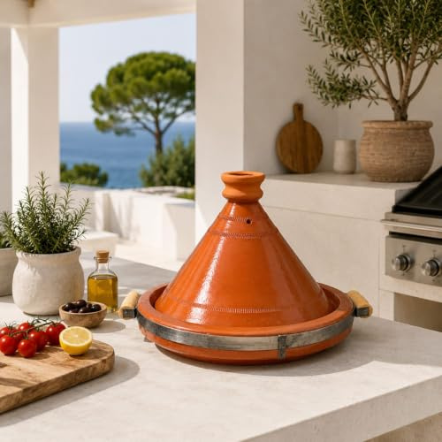 Tajin marocain en terre cuite artisanale avec poignées en bois naturel Ø22 x H20 cm - Casserole traditionnelle 0107260901