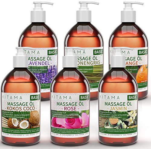 Kitama Massageöl Set 6 x 500ml - Jasmin, Rose, Orange, Lavendel, Kokos & Zitronengras - Aroma-Öl für Hautpflege