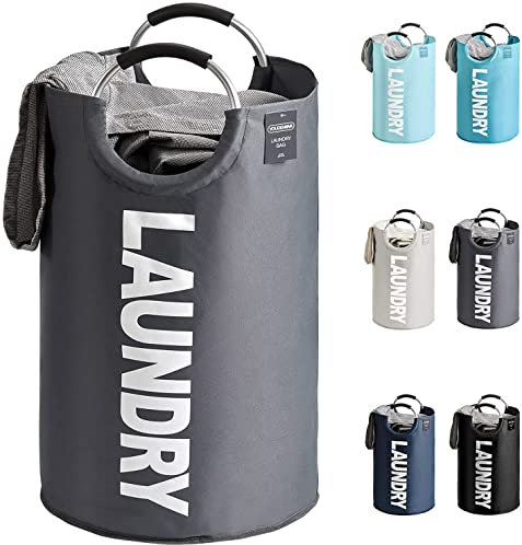 YOUDENOVA Faltbarer Wäschekorb, 92L Großer Wäschesammler, Wäschesack mit gepolstertem Griff, Wasserdichter Laundry baskets aus Oxford-Gewebe, Tragbarer Wäschetonne für Waschküche, Schlafzimmer, Grau