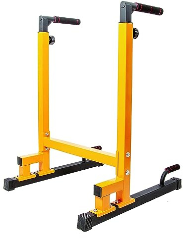 BalanceFrom Steel Frame Multi-Functional Exercise Fitness Dip Stand Station with Adjustable Height, 500 Pound Capacity, for Home Gym Workout, Yellow