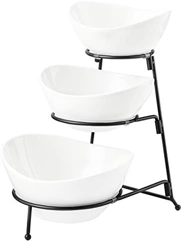 HBlife Servierständer mit 3 Ebenen, ovale Servierschale mit Metallgestell, Keramik-Servierschalen, Chip- und Dip-Servierset, Lebensmittel-Display, Dessert, Vorspeise, Süßigkeitenschale, Obstschale für