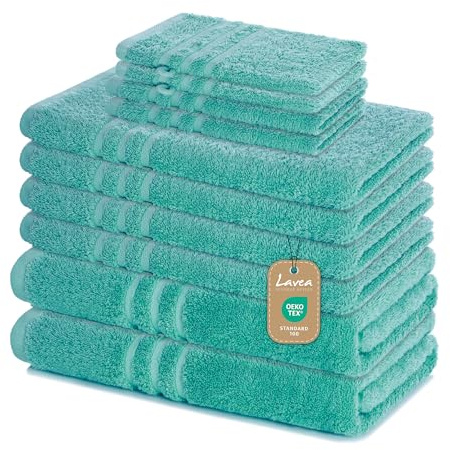 Lavea® 10-teiliges Handtuch Set Elena, 100% Baumwolle - 4 x Handtuch, 2 x Duschtuch, 2 x Gästetuch, 2 x Waschhandschuh, Frottee Handtücher Set weich, saugstark & pflegeleicht, Bad & Gäste, Türkis