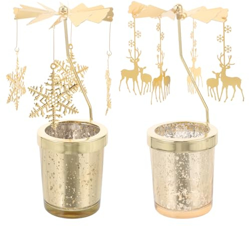 Amosfun 2 Stücke Teelicht Karussell Weihnachten Teelichthalter Gold Rotierender Kerzenhalter Metall Kerzenständer Rentier Schneeflocken Anhänger Geschenke für Bankett Tischdeko Votiv Advent Deko