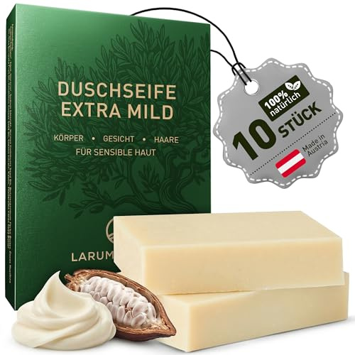 larum sports feste Duschseife Männer, Pur, ohne Duftstoffe, 10x 85g | Festes Shampoo, Seife Stück, 3 in 1 für Haare Körper Gesicht, extra mild sensible Haut, Naturseife, vegane Körperseife