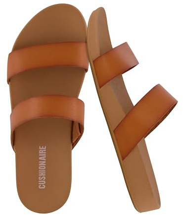 CUSHIONAIRE Josie Womens Sandals – Slip On Two Strap Slides Comfort Flip Flops Beach Sandals for Women 2025, TAN 7.5