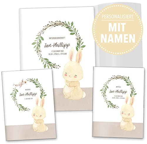OLGS U-Hefthülle Komplett-Set 3-teilig personalisierbar Impfpasshülle & Reisepasshülle | Organizer für Untersuchungsheft, Impfpass, Reiseunterlagen für Babys und Kinder (Personalisiert, Hase)