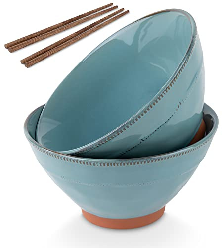 Kook Lot de 2 bols à ramen japonais en terre cuite - Passe au micro-ondes et au lave-vaisselle - Pour riz, Udon, soba, Pho - 1 020,6 g - Avec un lot de baguettes en bois (bleu sarcelle)