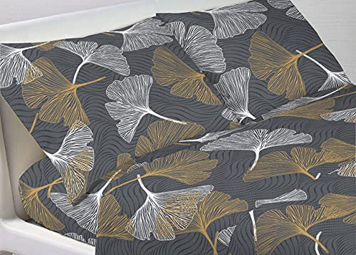 BIANCHERIAWEB Completo Lenzuola Letto Morbida Flanella 100% Cotone Dis. Felce Foglie Ginko Matrimoniale Giallo