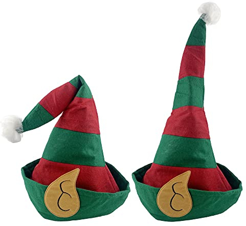 Elfo Natale cappello natalizio adulto per costumi natalizi, cappello Babbo Natale verde e rosso per Natale, cappello di elfo per costumi da festa, 2 pezzi