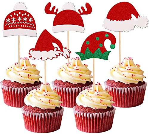Xsstarmi 30 Stück Weihnachtsmann Hut Cupcake Topper Glitzer Weihnachtsmann Hut Elve Hut Cupcake Picks für Weihnachten Thema Happy New Year Geburtstag Party Kuchen Dekorationen Supplies