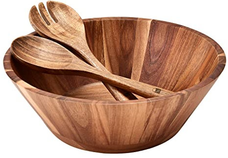 JF JAMES.F Ensaladera de madera, juego de ensalada grande de madera de acacia de 12 pulgadas, cuenco grande para servir ensalada con utensilios para servir