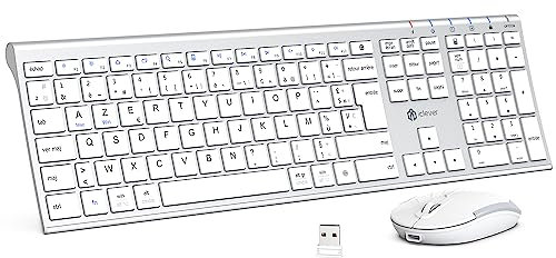 iClever Clavier Souris sans Fil, 2,4GHz Ensembles Clavier et Souris Silencieux, Ultra-Fin, USB-C Batterie Longue Durée, pour Windows, PC, Laptop, Computer AZERTY Français- Blanc Argent