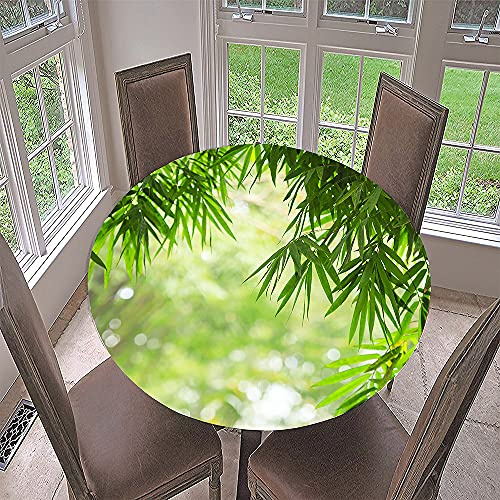 Morbuy Rund Tischdecke Elastisch, Lotuseffekt Tischdecke Abwaschbar Tischdecken Bambus Drucken Gartentischdecke Indoor Outdoor Tischtuch (Durchmesser 110cm,Grüne Blätter)
