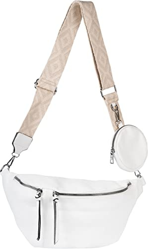 styleBREAKER Damen Halbmond Crossbody Schultertaschen Set 3-Teilig, Schultergurt mit Muster, Schlüsselanhänger, Börse 02012398, Farbe:Weiß