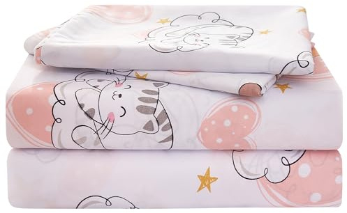Twin Size Cat Bed Sheets for Girls Kids Cute Pink Heart Kitty Bedsheets