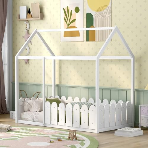 Daesar Kinderbett 80x160 Bodenbett, Hausbett Massivholz Kinder Bett, Holzbett mit Rausfallschutz, Baumhausbett Bettenhaus aus Holz Weiß