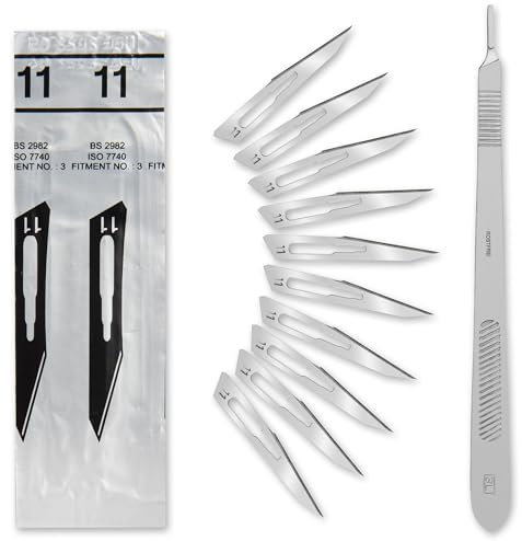 Lot de 10 lames de scalpel Figure 11 – Lames de rechange stériles + 1 support de scalpel Shehadeh de 21 cm de long en acier inoxydable