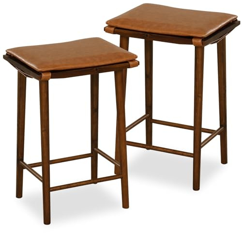 GiantexUK Bar Stools Set of 2, Wooden Saddle Style Stools with Removable PU Leather Cushion, Footrest & Anti-slip Foot Pads, 69cm Counter Height Kitchen Stools for Home Bar Dining Room | 69cm Counter Height Kitchen Stools with Removable PU Leather Cushion, Footrest & Anti-slip Foot Pads for Home Bar Dining Room