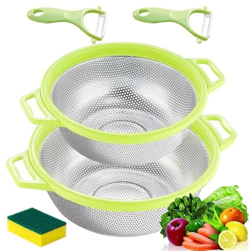 2 Stück Edelstahl-Sieb-Set mit Griff, mit 2 Schälern, Metall-Nudelsieb für Spaghetti, Gemüse, Nudeln, Küchen-Lebensmittel-Netzsieb, Reis-Wascher, Obst-Waschkorb, Grün