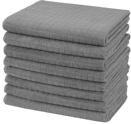 Gryeer 8 Pack Tea Towels, 100% Microfibre, Soft, Super Absorbent and Lint Free Kitchen Towels, 45 x 65 cm, Grey