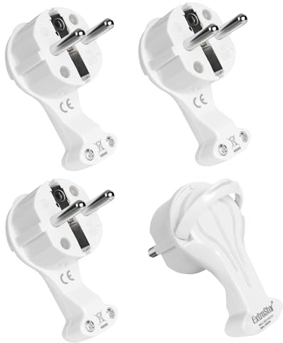 EXTRASTAR 4 Stück Schutzkontakt Winkelstecker 250V (16A) 3680W, Eurostecker mit Klappgriff, Schutzkontakt Stecker für Kabel bis 3x1,5 mm², Flach-Stecker, Weiß