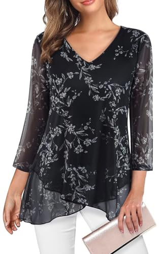 Adigaber Camisas para Mujer Elegante Manga 3/4 y Cuello en V Blusa Suelta Sólidos Estampadas Casual Gasa Shirt