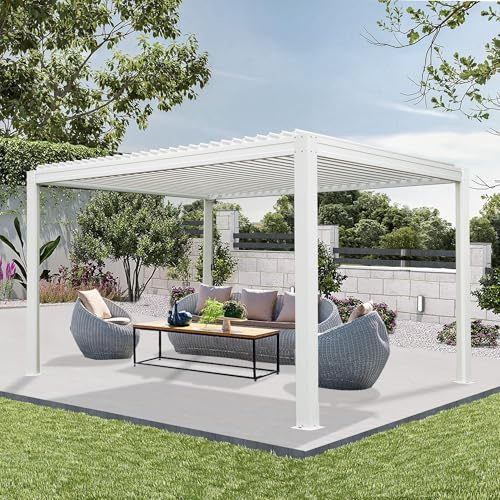 Domi Outdoor Pergola 10' x 13' Aluminum Louvered Pergola with Adjustable Roof, Aluminum Frame, Efficient Drainage System for Patio, Deck, Garden, White